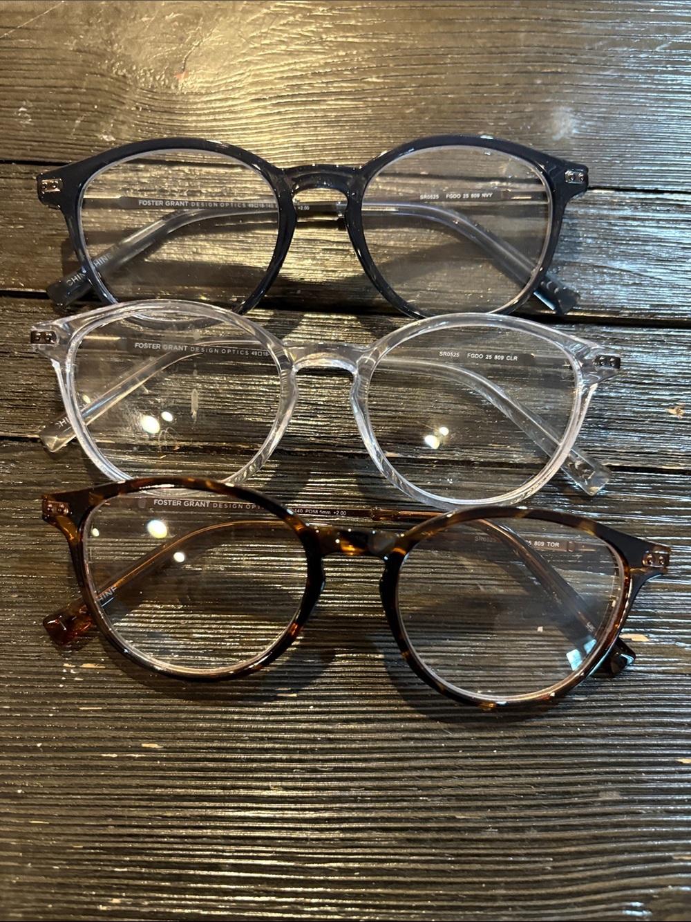 Foster Grant Trio: Black, Clear, and Tortoiseshell Round Reading Glasses